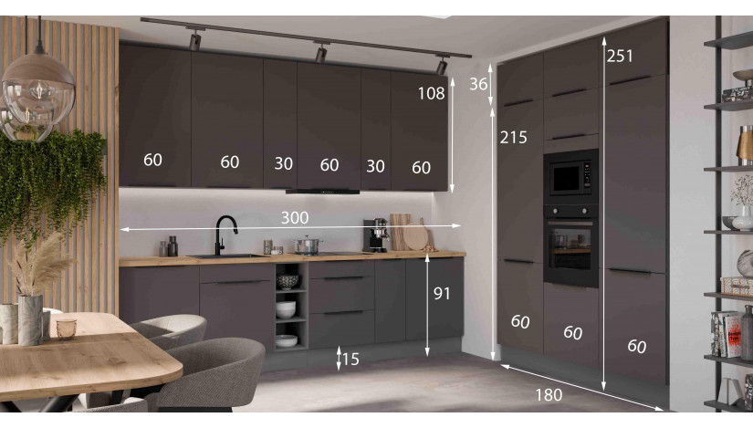 ARIA GR/ANT 480 cm virtuvės baldų komplektas