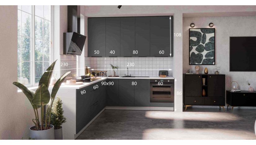 ARIA GR/WH 460 cm kampinis virtuvės baldų komplektas