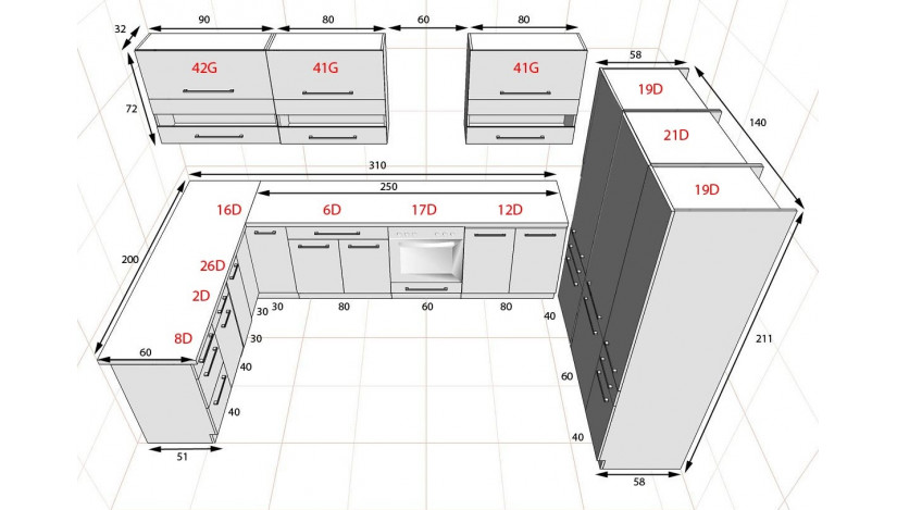 Infinity kampinis virtuvės baldų komplektas 650 cm