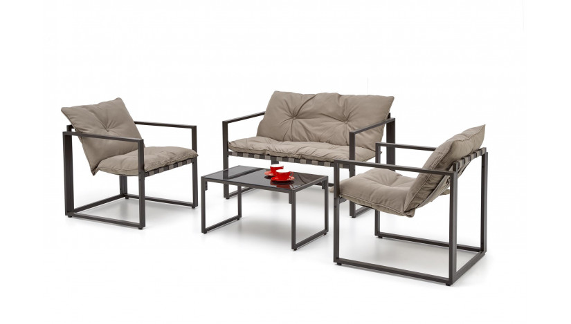 SHARK lauko terasos baldų komplektas  sofa + fotelis + staliukas , juoda / cappuccino sp.