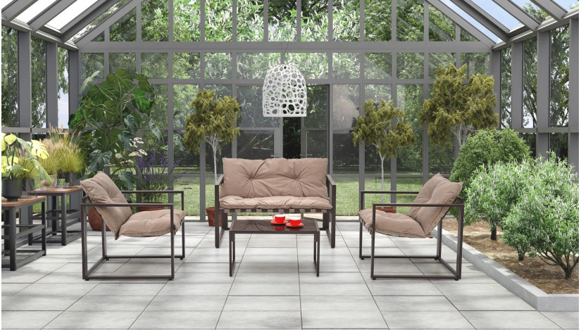 SHARK lauko terasos baldų komplektas  sofa + fotelis + staliukas , juoda / cappuccino sp.